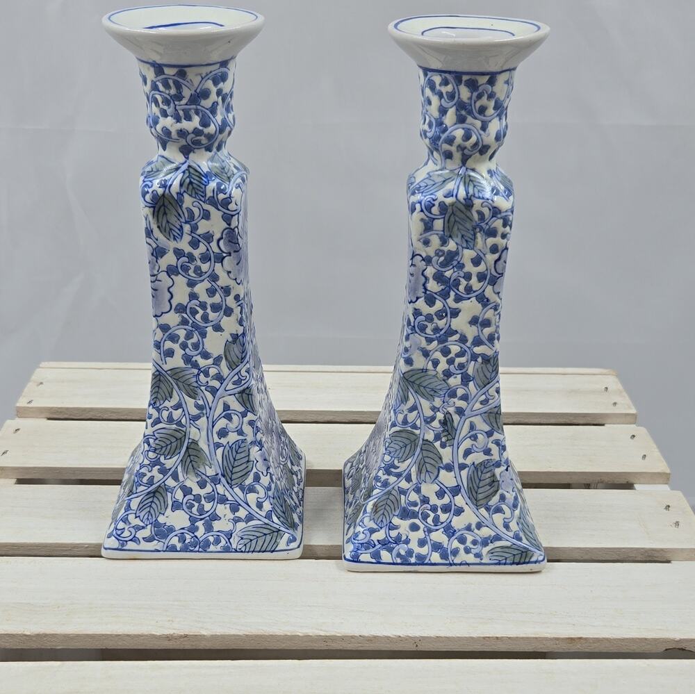Unmarked Pair Blue & White Floral Ceramic Candlesticks, Chinese, Taper